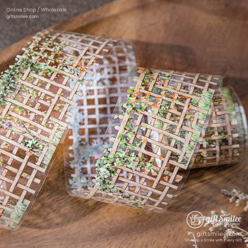 Clear decorative tape with wooden lattice and greenery floral design on a roll – garden trellis washi tape for crafts and scrapbooking