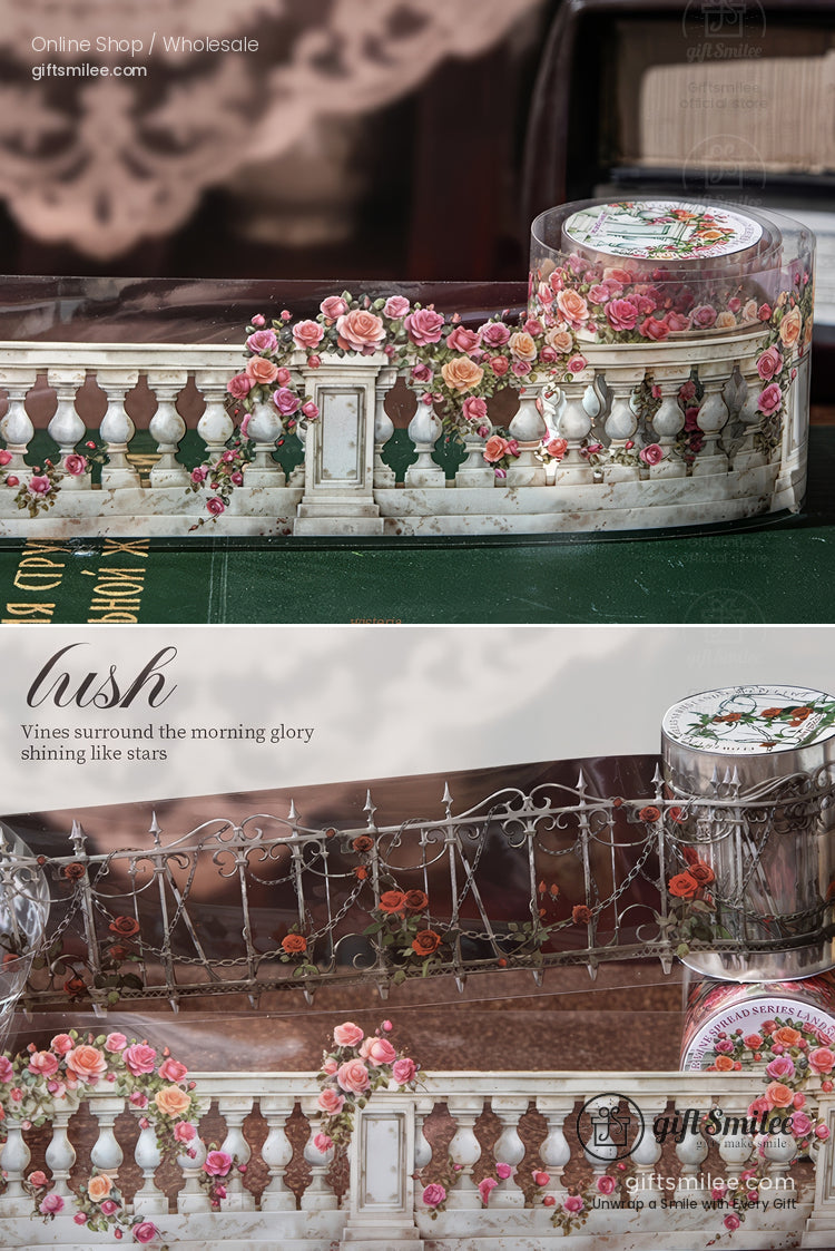 Decorative floral washi tape with vintage balcony and rose garden design, product by Giftsmilee displayed on tabletop.