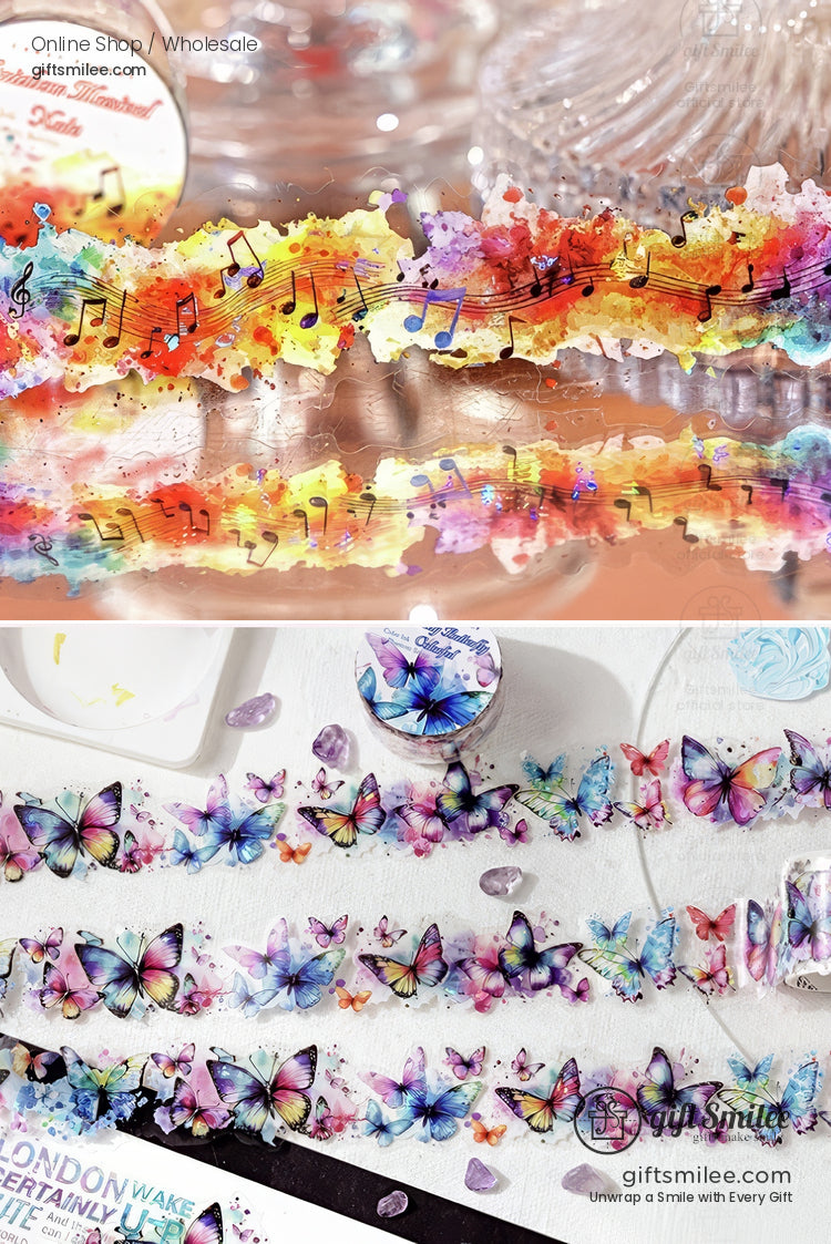 Colorful decorative washi tape with rainbow watercolor music notes pattern reflected on a glossy surface