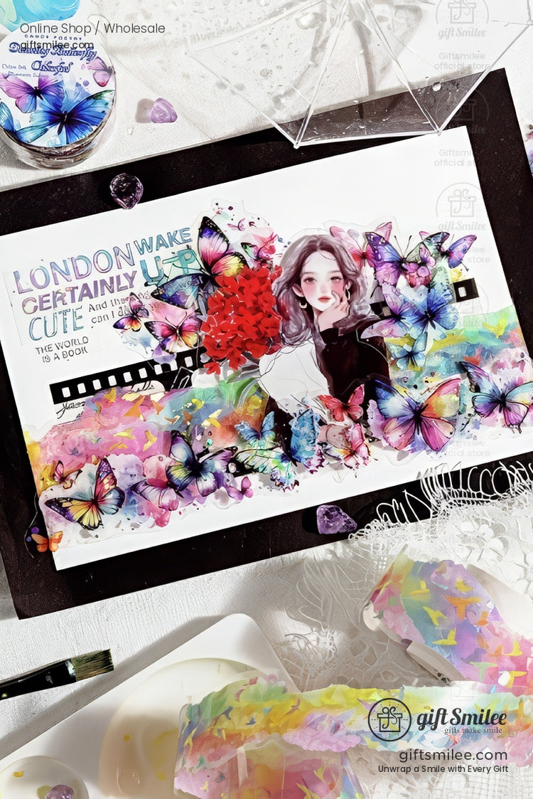 Colorful butterfly-themed art cardstock with anime-style girl illustration – scrapbook and journaling supplies by giftSmilee for DIY crafts.