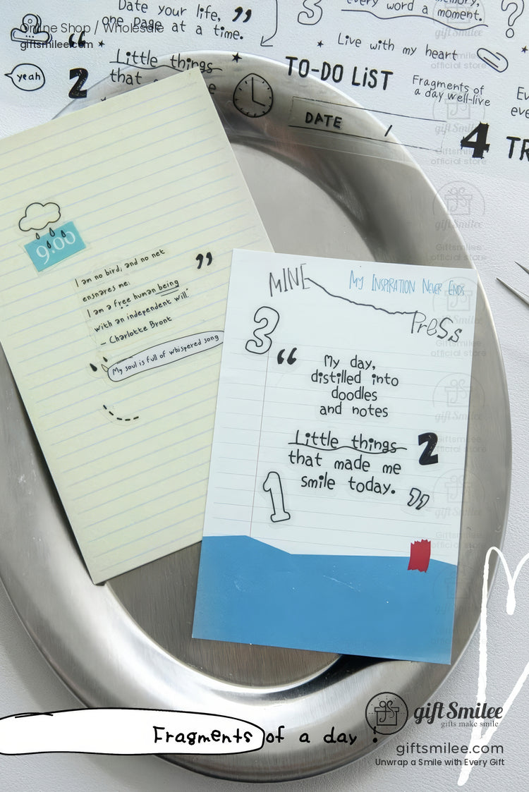 Flat lay of two cute minimalist notebooks on a metal tray, featuring doodle-style text and numbers, ideal for journaling or note-taking.
