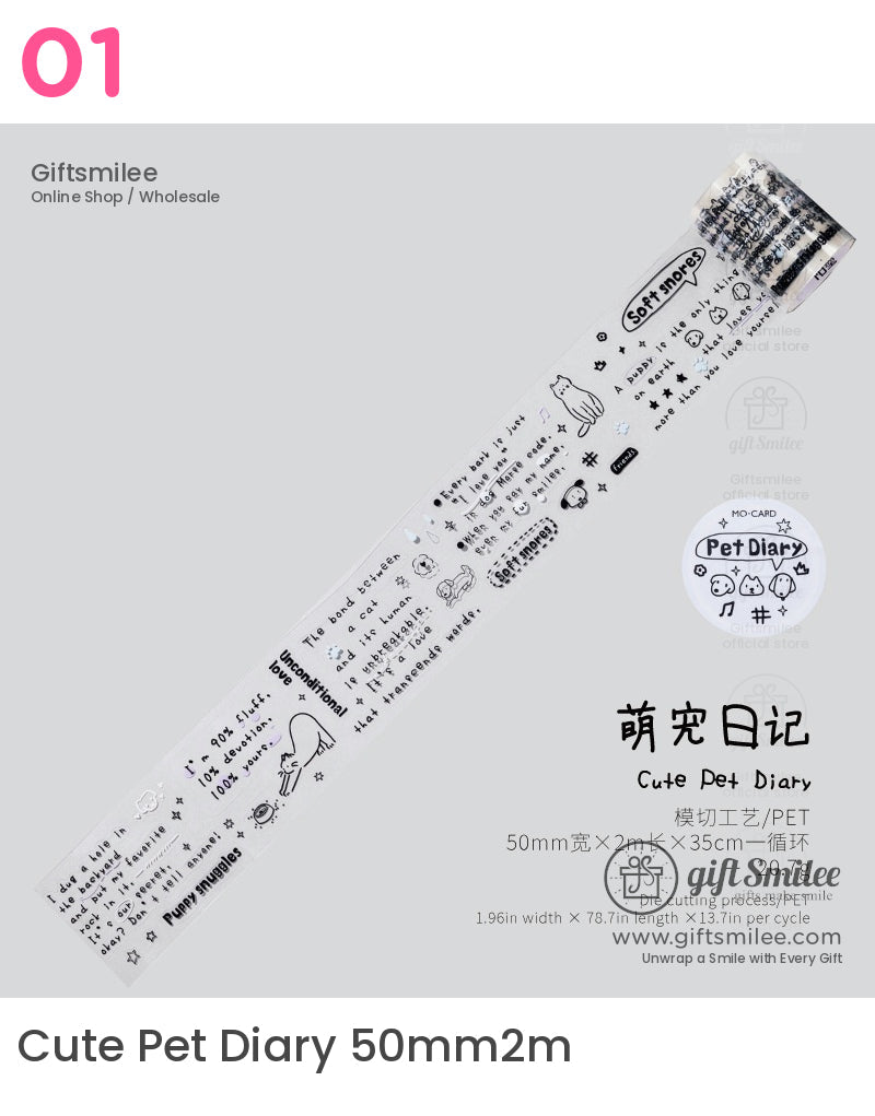 Cute Pet Diary PET washi tape, 50mm width x 2m length, black-and-white doodle pet designs for scrapbooking and journals