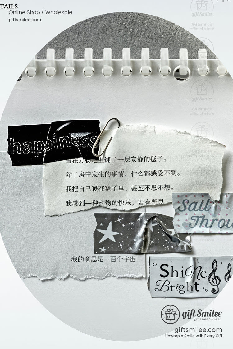 Minimalist collage notebook page with torn paper notes, Chinese quotes, and stickers reading “happiness,” “Shine Bright,” and “Sail Through,” styled for stationery or scrapbook decor.