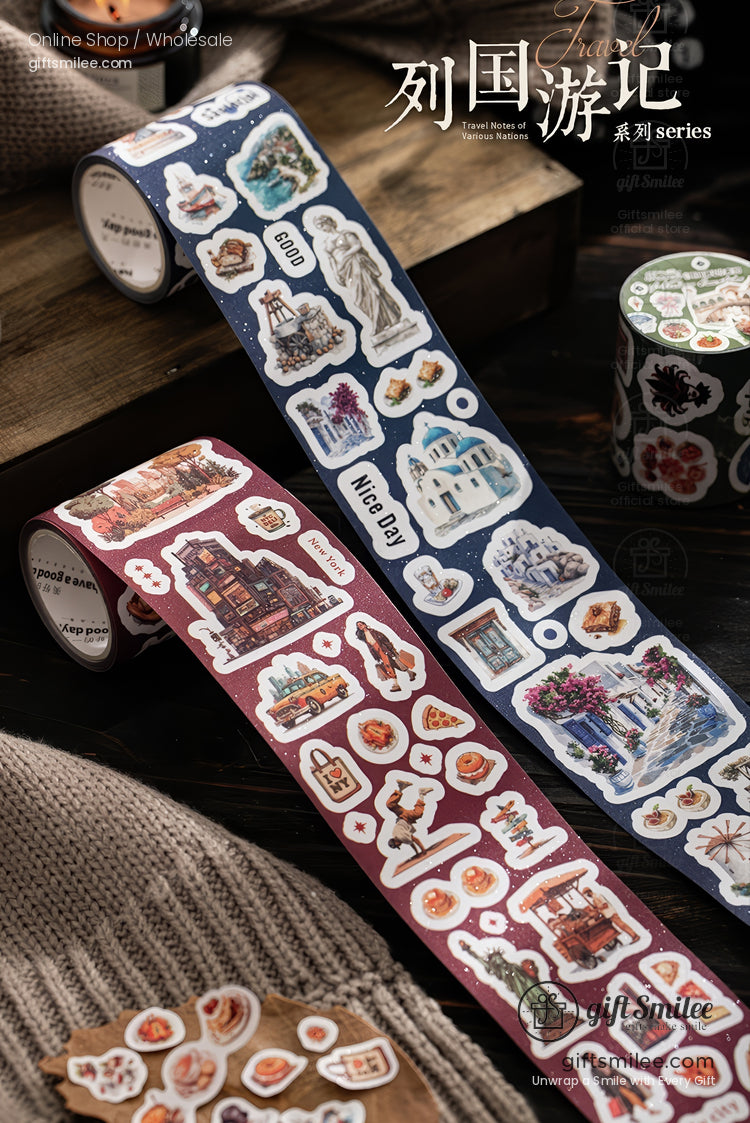 Vintage travel-themed washi tape rolls with sticker illustrations of landmarks, ships, food, and maps on a dark wooden background.
