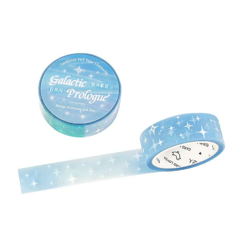 Light blue translucent washi tape with white star patterns celestial theme 15mm width decorative and versatile