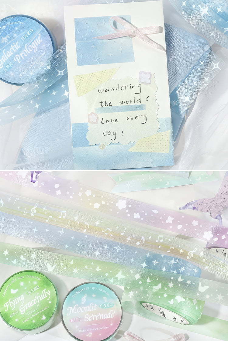 Pastel stationery set with glittery ribbons decorative tape celestialthemed tins and a handwritten card with soft hues