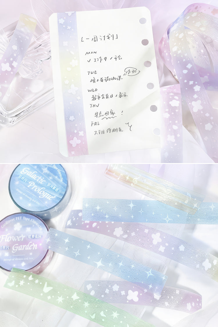 Pastel gradient washi tape with floral and star patterns paired with decorative notebook and translucent stationery