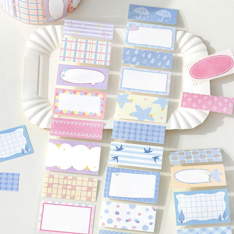 Pastel sticky notes with assorted patterns including plaids polka dots stars umbrellas and decorative frames