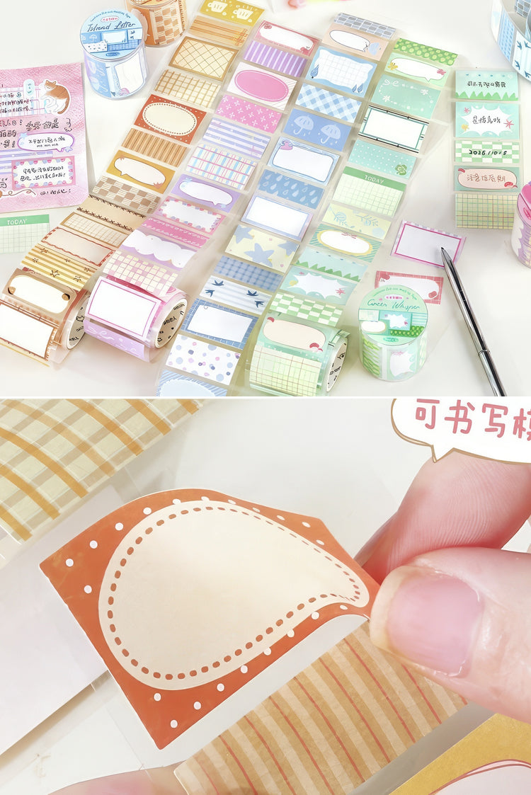 Colorful adhesive label rolls with various patterns including grids dots and scalloped edges ideal for crafting