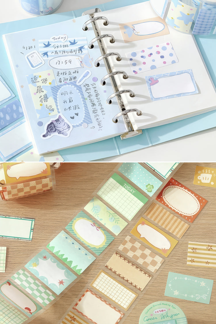 Pastel sticky notes in assorted shapes and patterns displayed in a planner and on a desk ideal for journaling