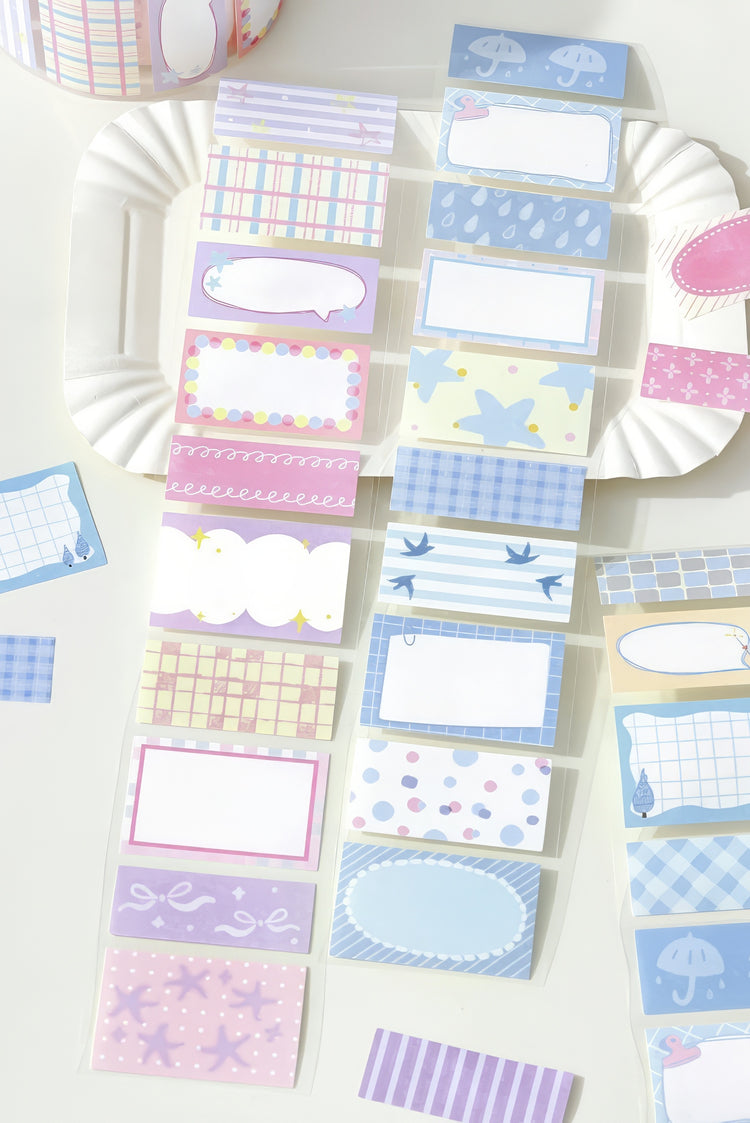 Pastelcolored decorative sticky notes with patterns like polka dots checks stars and stripes on a white surface