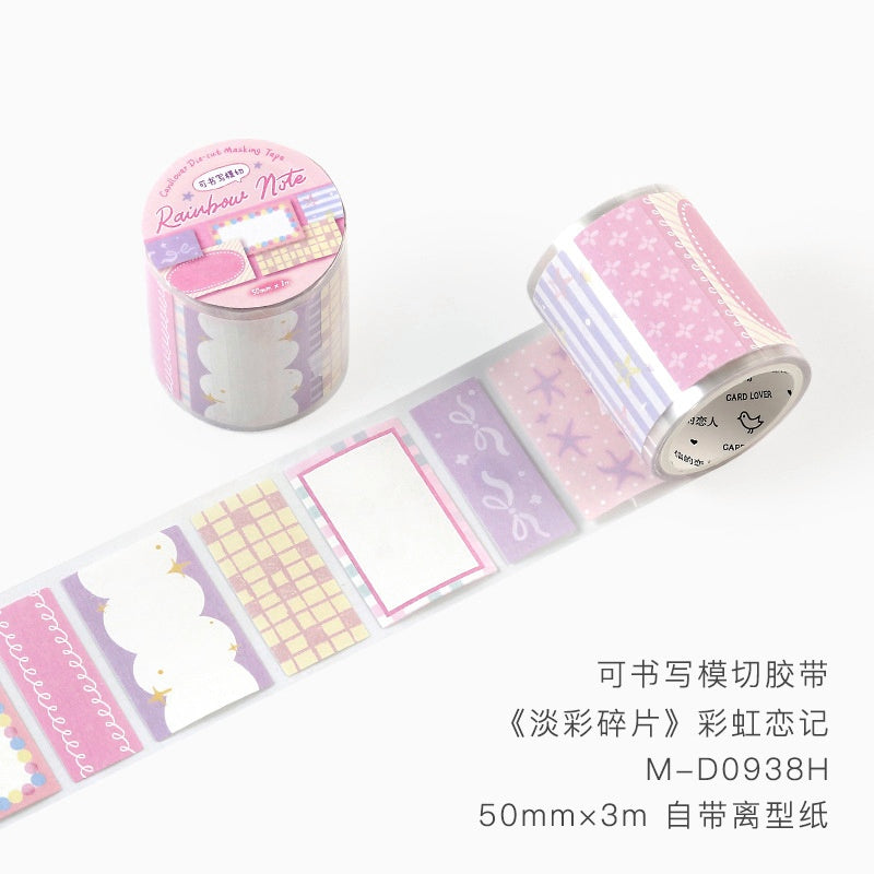 Pastel purple and pink decorative washi tape with cloud plaid and floral patterns 50mm wide 3m roll