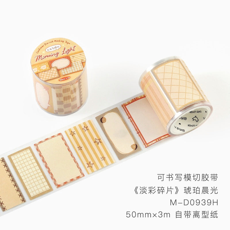 Beige decorative masking tape roll with assorted vintage label patterns grid designs and warm tones 50mm x 3m