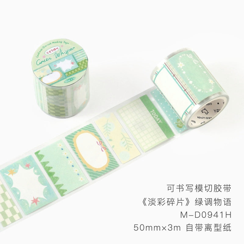 Pastel green washi tape with decorative patterns including grids frames leaves and stars 50mm wide 3m long