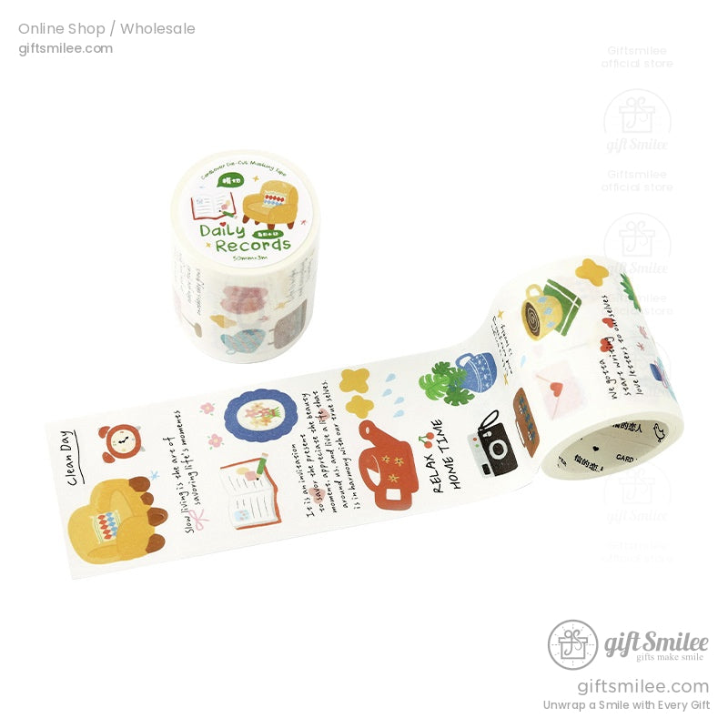 Decorative washi tape roll with colorful illustrations of plants books and everyday items on white background