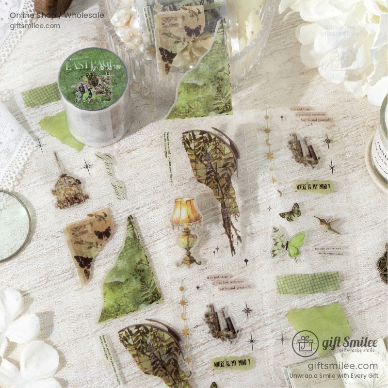 Vintageinspired translucent stickers with green foliage butterflies lamps and naturethemed designs on beige fabric