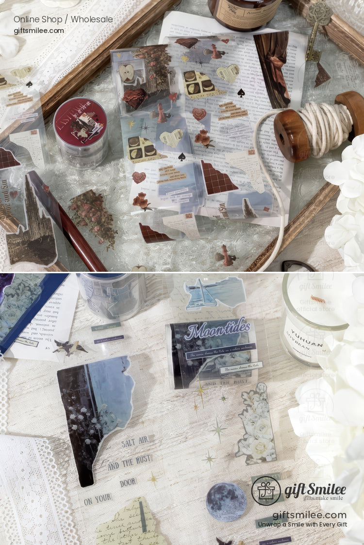 Vintagestyle scrapbooking stickers with travel and nature themes featuring earthy tones maps and floral accents