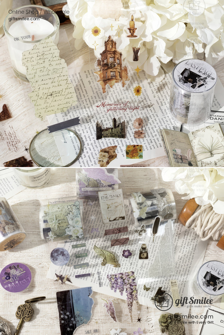 Vintagestyle journaling supplies with floral stickers washi tape ornate postcards and handwritten notes on a rustic desk