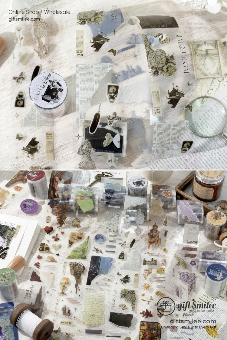 Vintageinspired scrapbooking kit with floral stickers translucent tapes stamps and paper ephemera in soft neutral tones