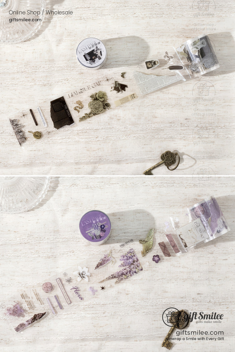 Transparent decorative tape with vintage lavender florals antique keys and rustic accents on a white textured surface