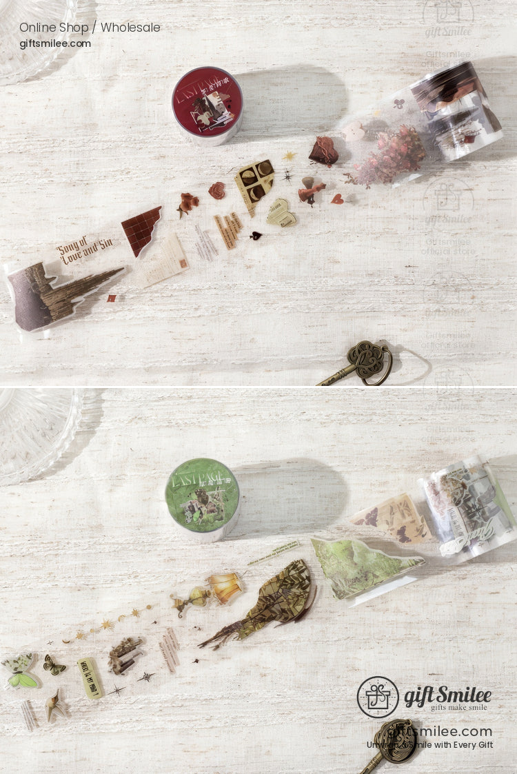Transparent decorative tape with vintage travel designs featuring red and green themes rustic keys and nature accents
