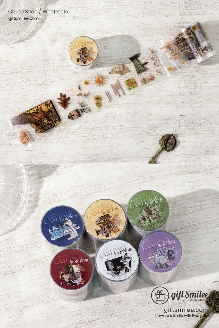 Decorative washi tapes with autumn motifs vintage designs and colorful lids in red blue green purple and yellow