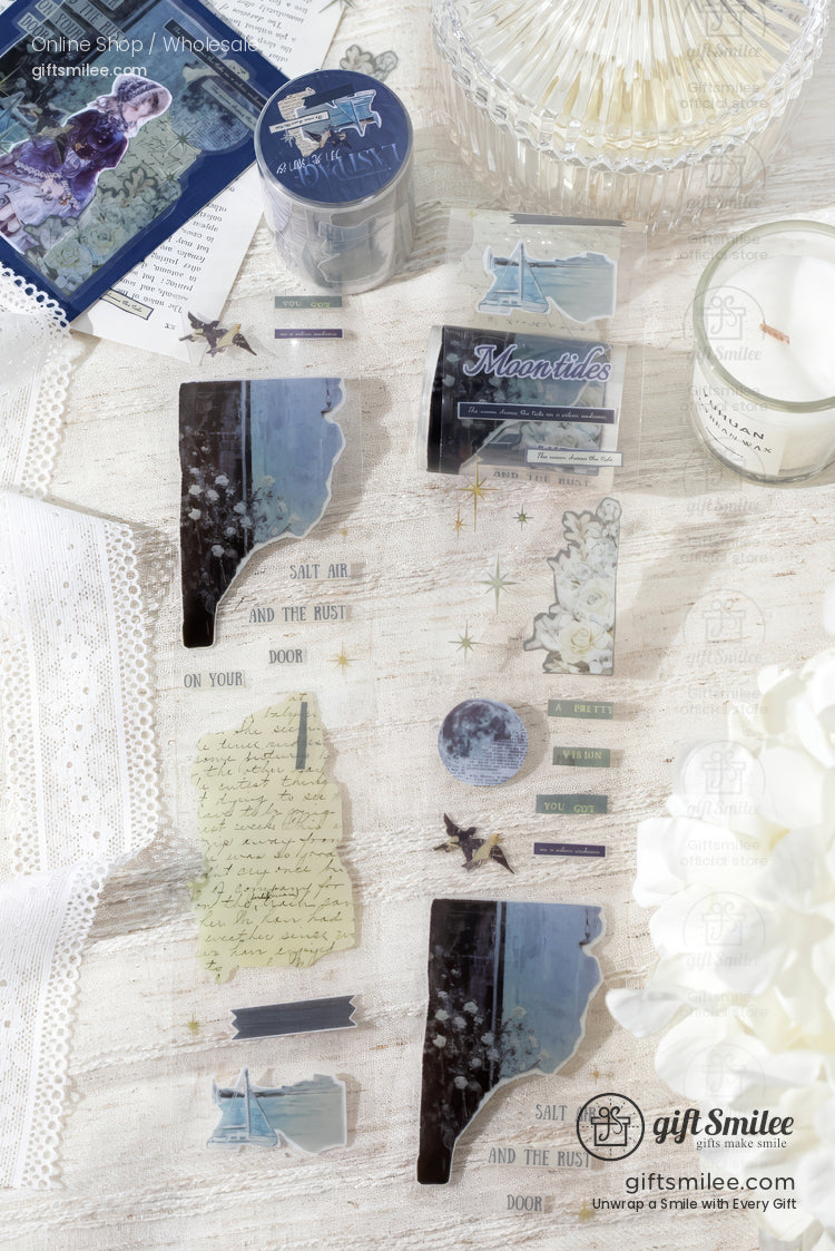 Nauticalthemed translucent stickers with sailboats constellations handwritten text and watercolor accents on white fabric