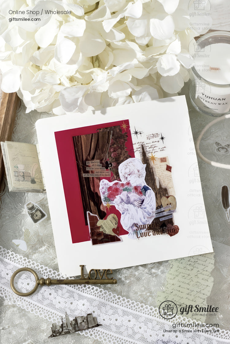 Romantic greeting card with vintage collage design red accents floral details and lace embellishment on a delicate surface