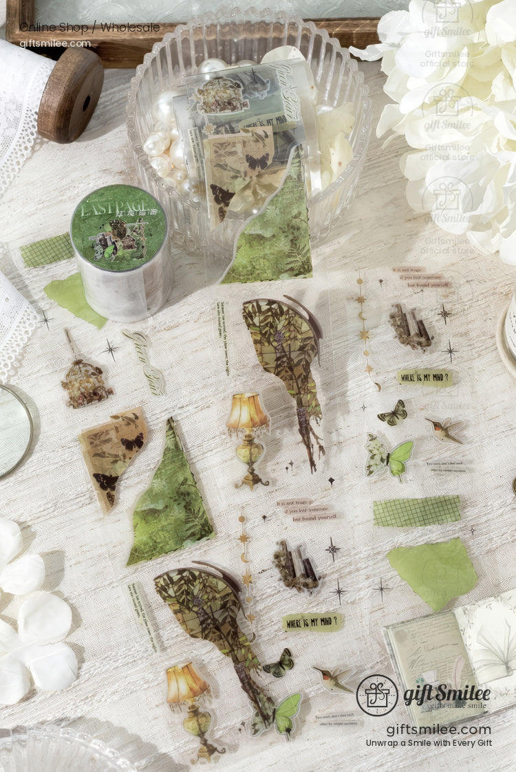 Vintagestyle translucent stickers with green accents botanical illustrations antique lamps and travelthemed designs