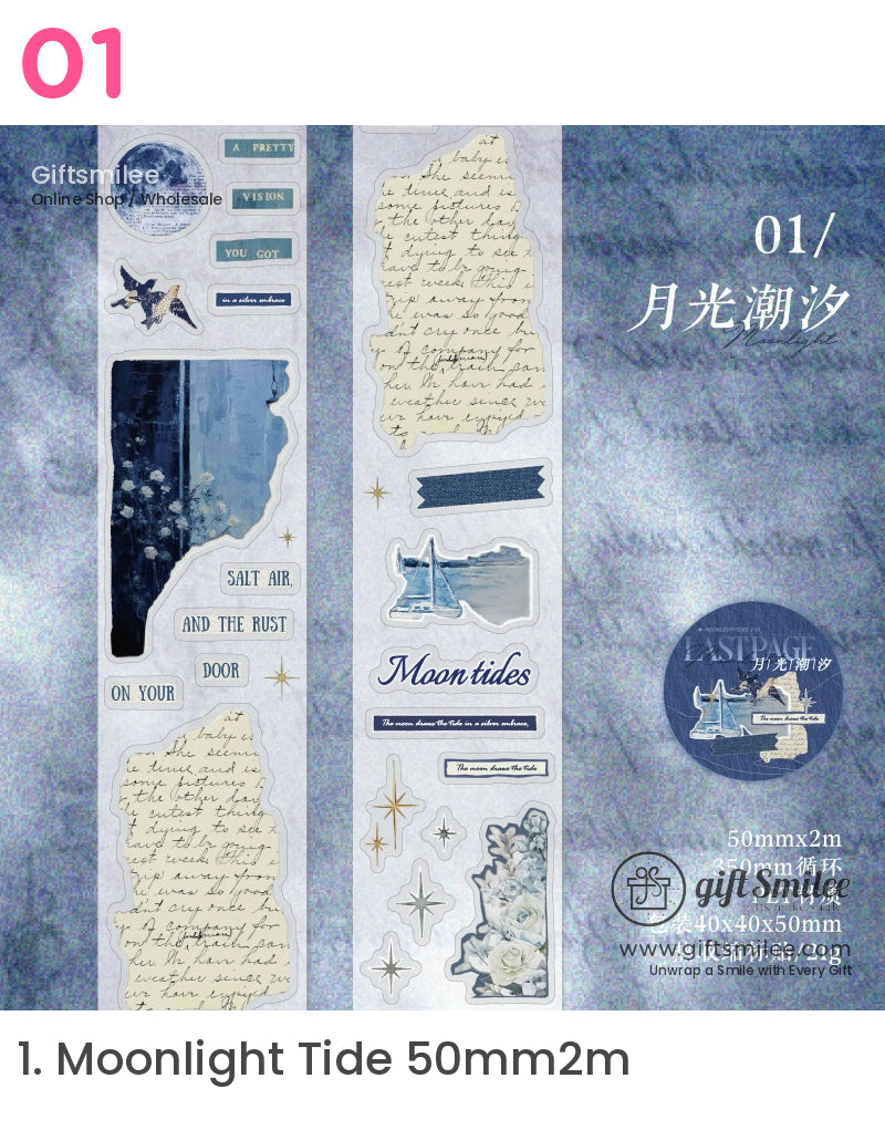 Blue and beige nauticalthemed PET stickers with cursive text vintage script stars florals and sailboat illustrations