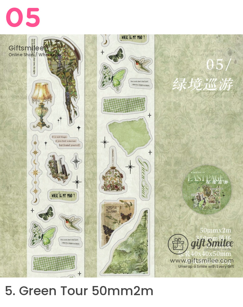 Greenthemed PET sticker roll with butterflies birds vintage lamp grid patterns and natureinspired designs
