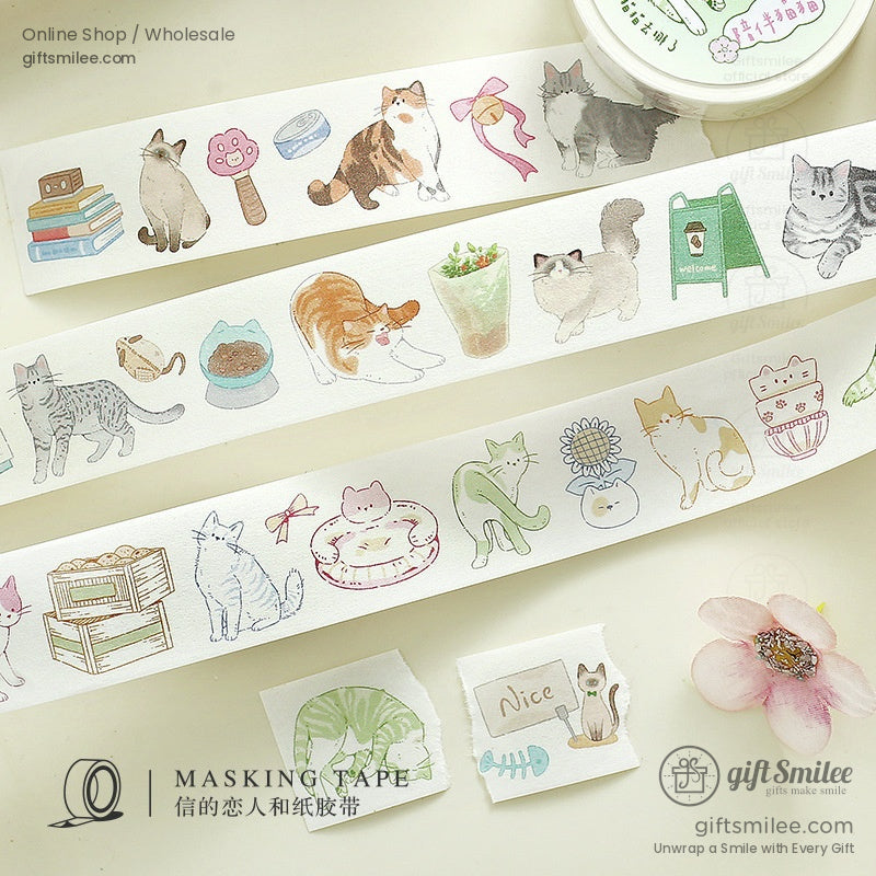 White masking tape with pastel cat illustrations including lounging cats plants books bows and paw print details