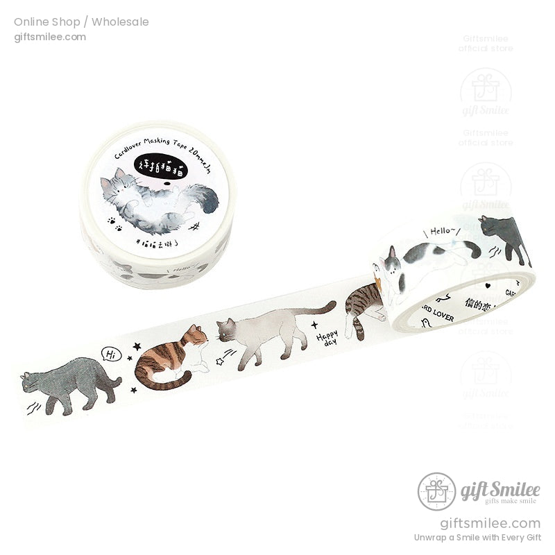 White washi tape roll featuring handdrawn cat illustrations in various poses with playful text accents