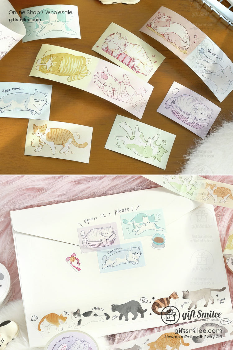 Assorted pastel cat stickers with playful illustrations on cream yellow pink and blue backgrounds ideal for crafts