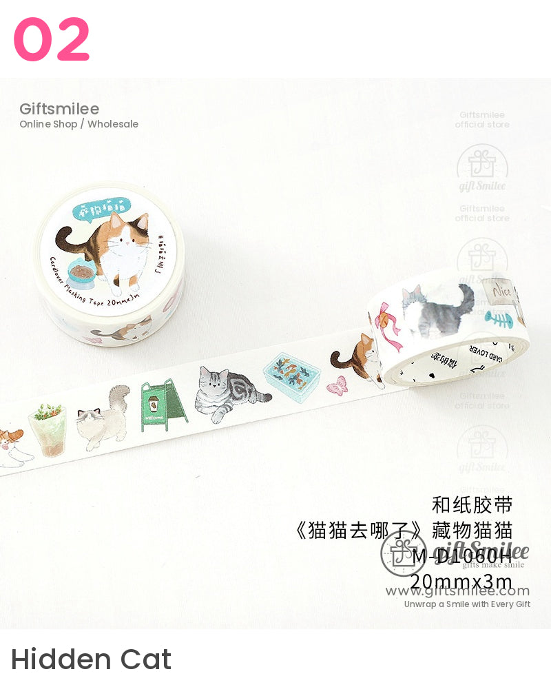 White washi tape roll with colorful cat illustrations including striped and calico cats fishbowl and playful accessories