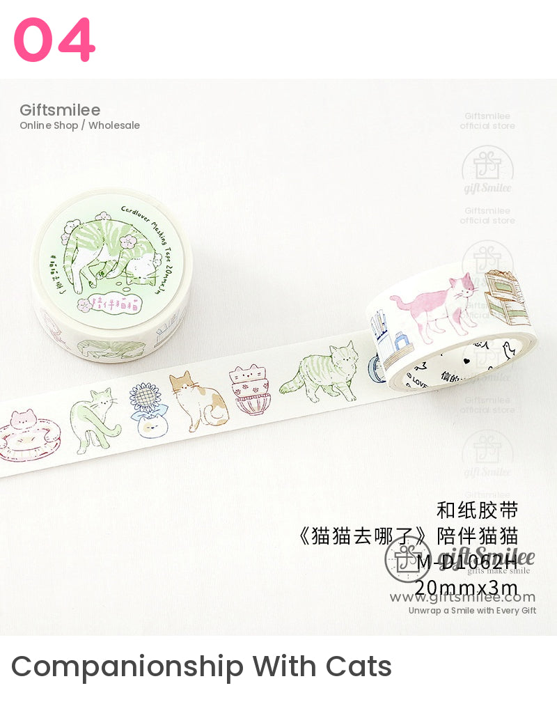 Decorative washi tape with pastelcolored cat illustrations including greenstriped and pink cats on a white background