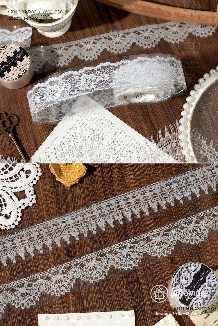 Translucent Pet Lace Border White Print Wide Roll Decorative Tape | KS-RT-1731
