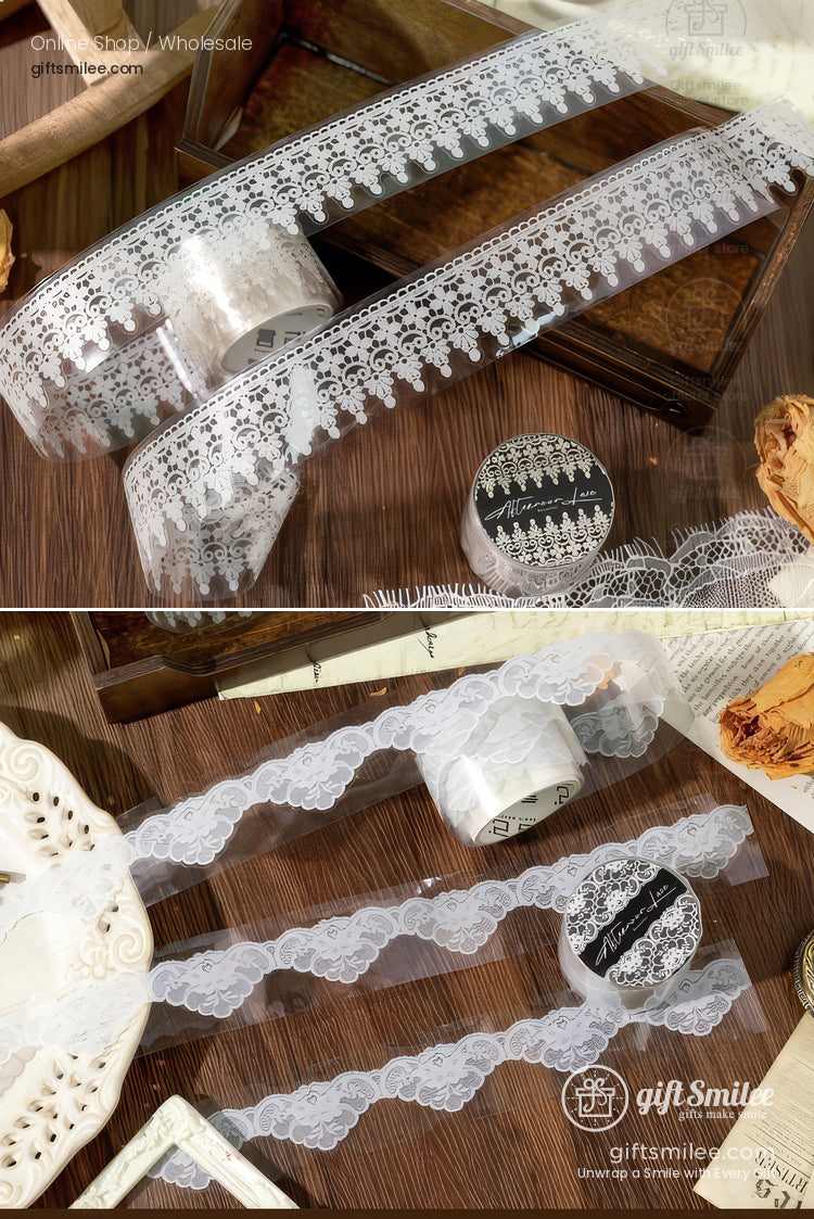 Translucent Pet Lace Border White Print Wide Roll Decorative Tape | KS-RT-1731