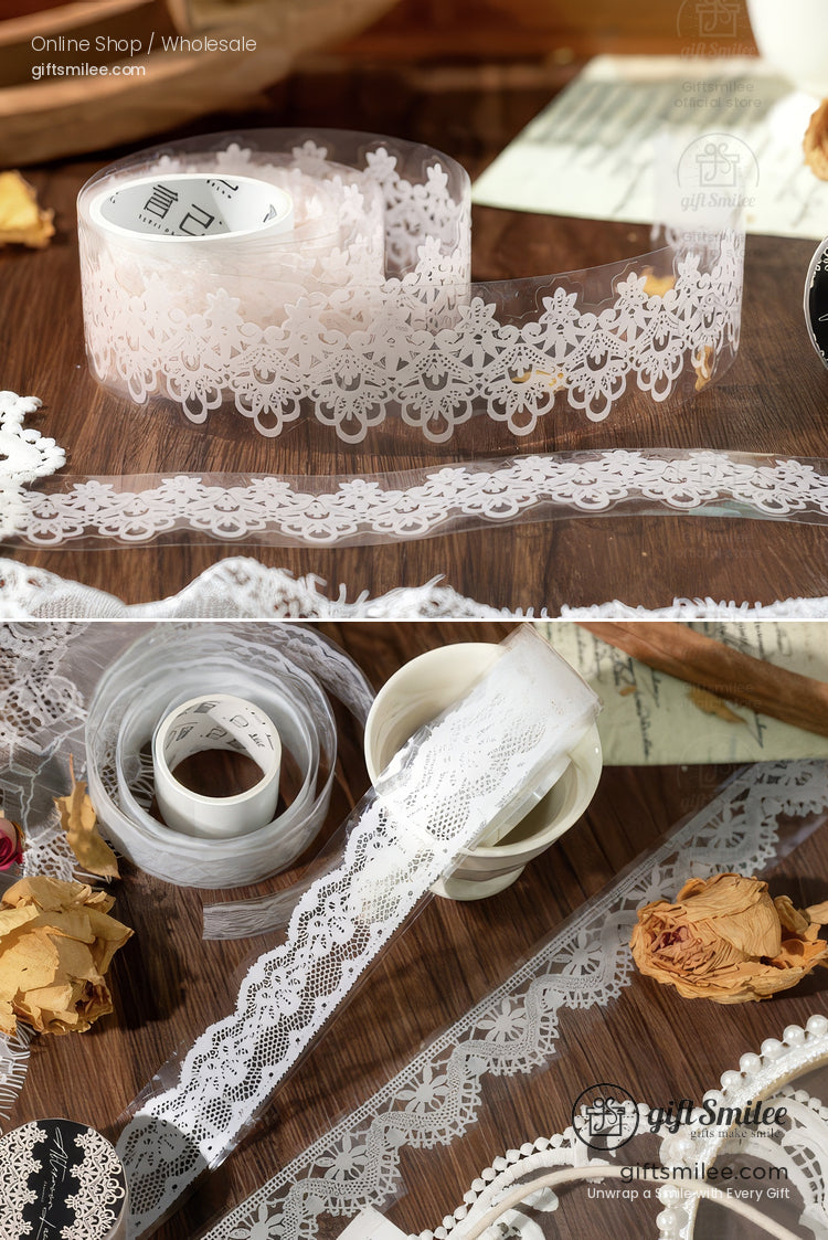 Translucent Pet Lace Border White Print Wide Roll Decorative Tape | KS-RT-1731