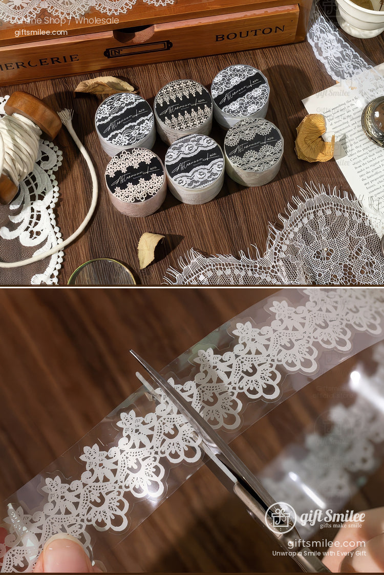 Translucent Pet Lace Border White Print Wide Roll Decorative Tape | KS-RT-1731