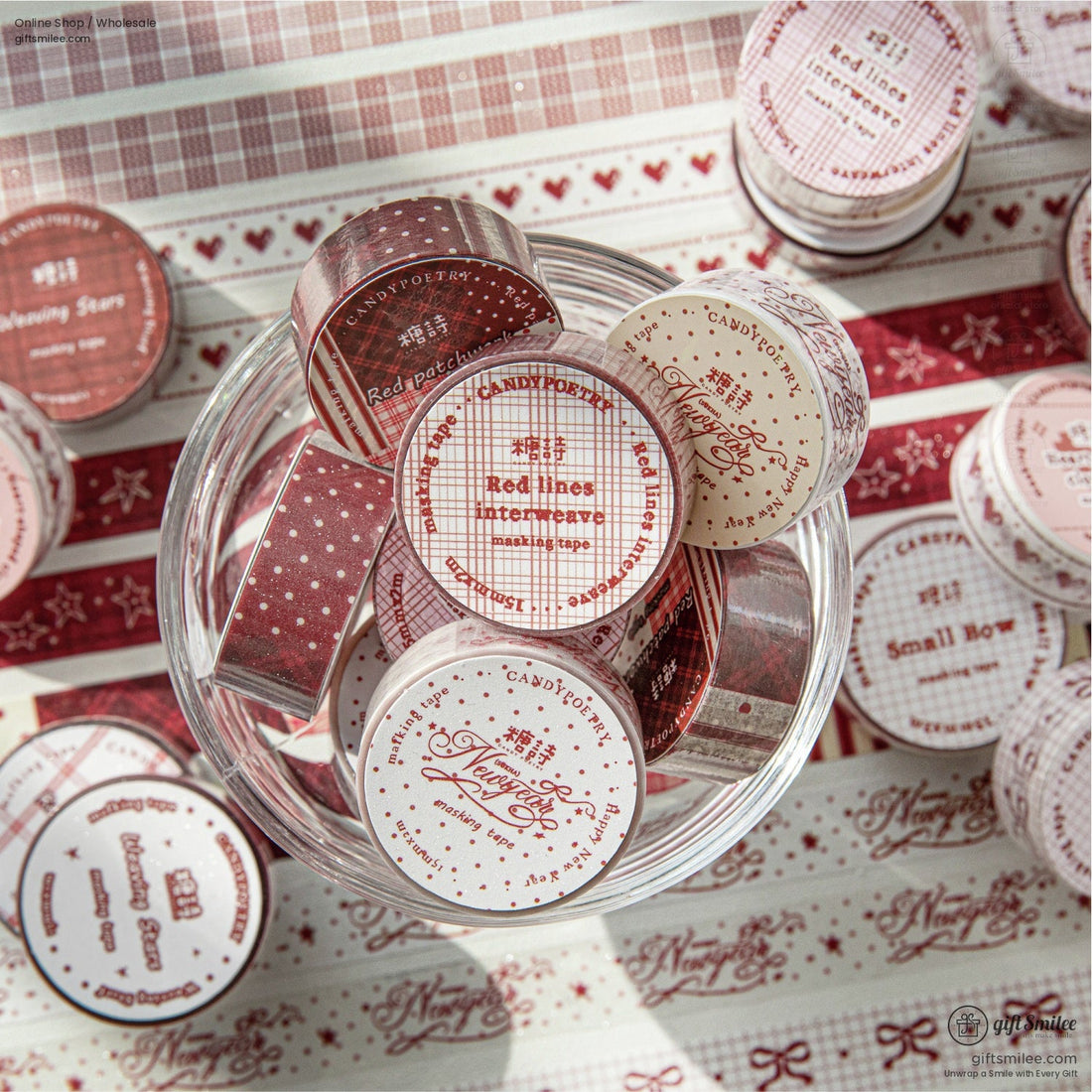 Red Glitter Print Patterned Paper Adhesive Set Washi Tape Set | KS-RT-1758