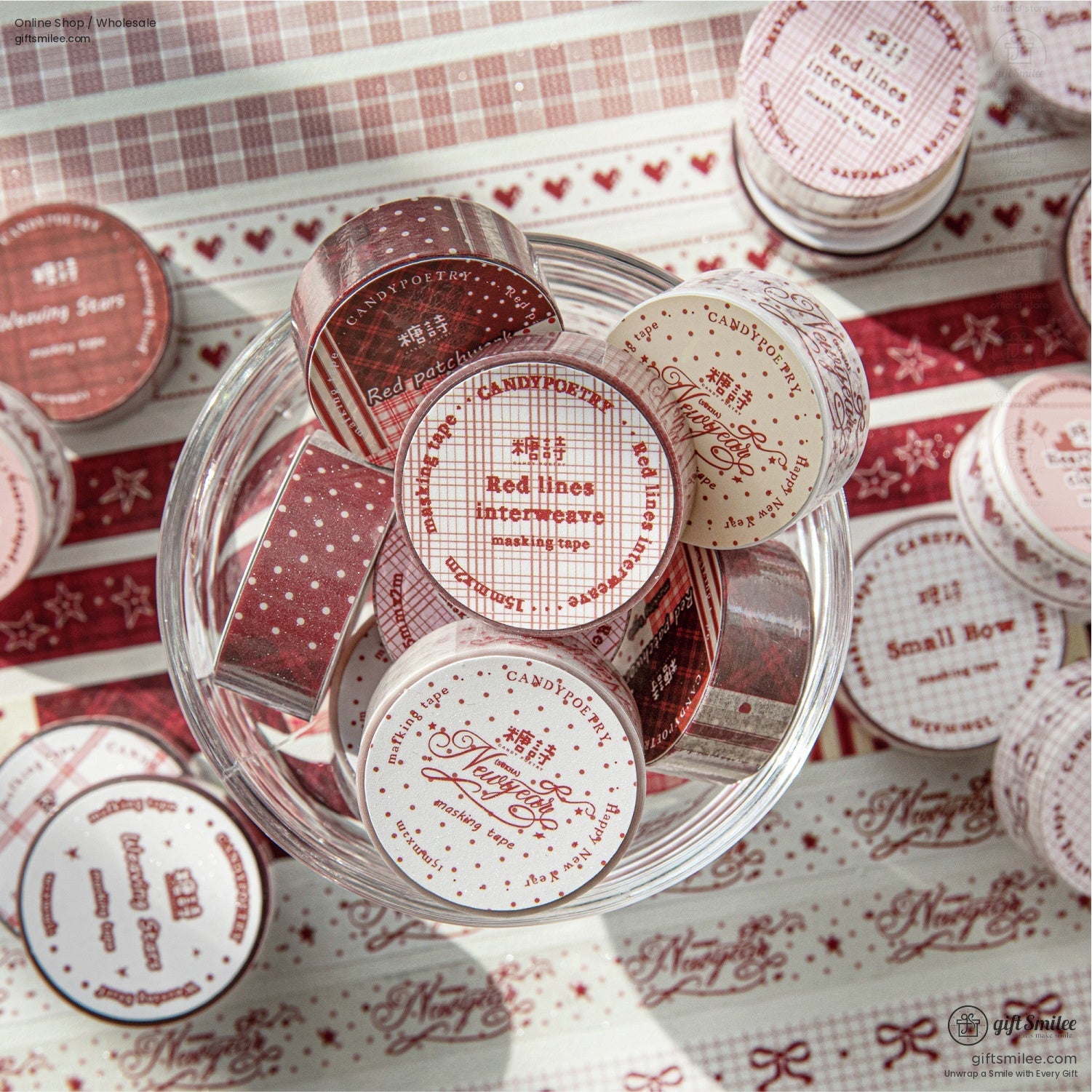 Red Glitter Print Patterned Paper Adhesive Set Washi Tape Set | KS-RT-1758