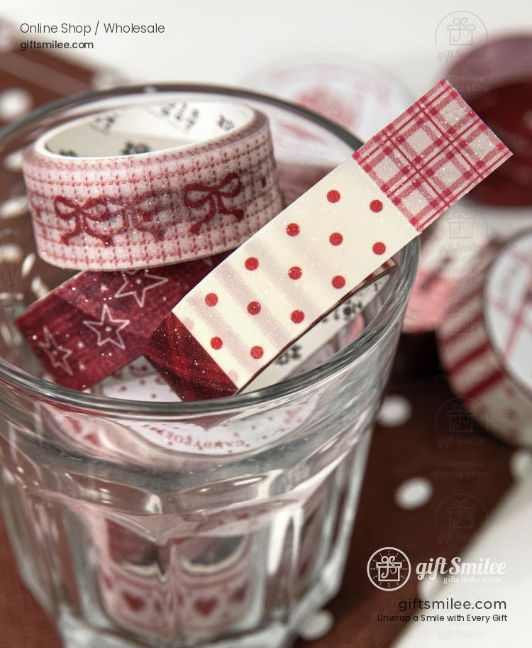 Red Glitter Print Patterned Paper Adhesive Set Washi Tape Set | KS-RT-1758