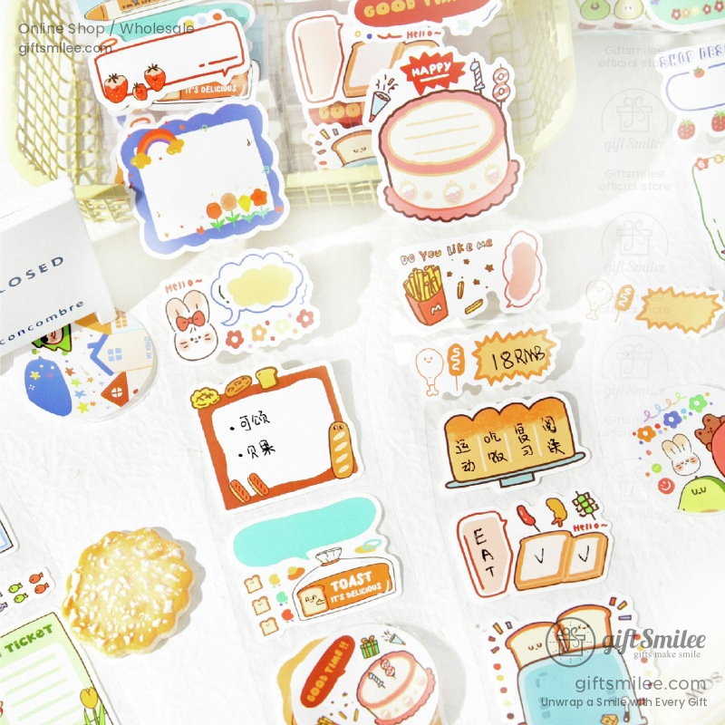 Colorful kawaii sticker set with food animals and cartoon designs featuring pastel tones and playful illustrations