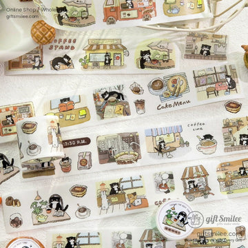 Die-Cut Washi Matte Oil-Ink Cat Cafe Scenes Washi Tape Stickers | KS-RT-1786