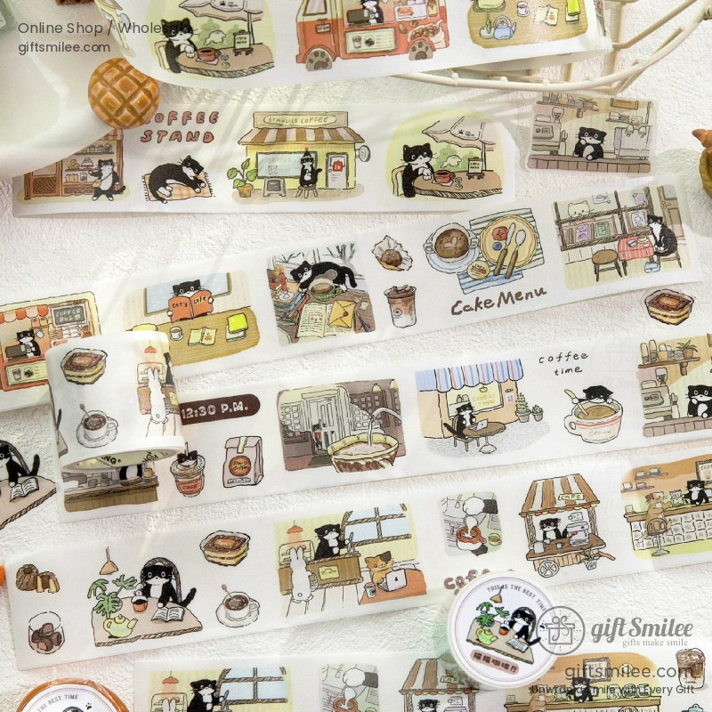 Die-Cut Washi Matte Oil-Ink Cat Cafe Scenes Washi Tape Stickers | KS-RT-1786