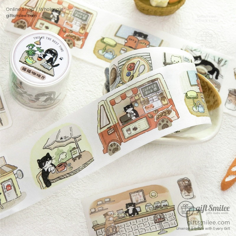 Die-Cut Washi Matte Oil-Ink Cat Cafe Scenes Washi Tape Stickers | KS-RT-1786