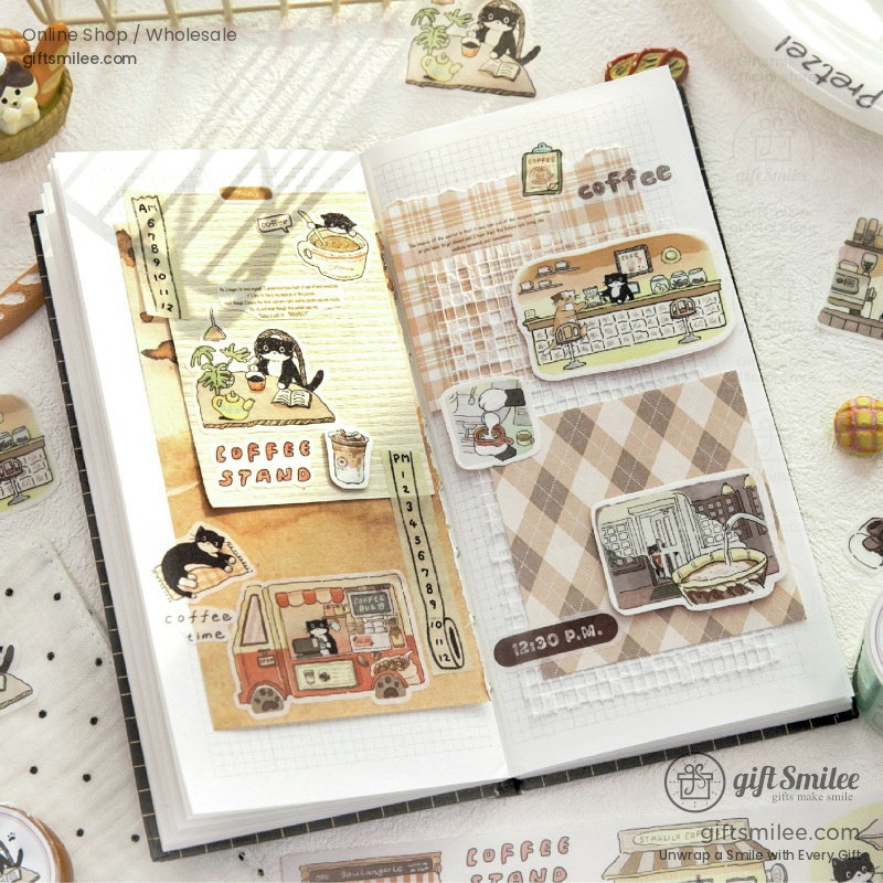 Die-Cut Washi Matte Oil-Ink Cat Cafe Scenes Washi Tape Stickers | KS-RT-1786