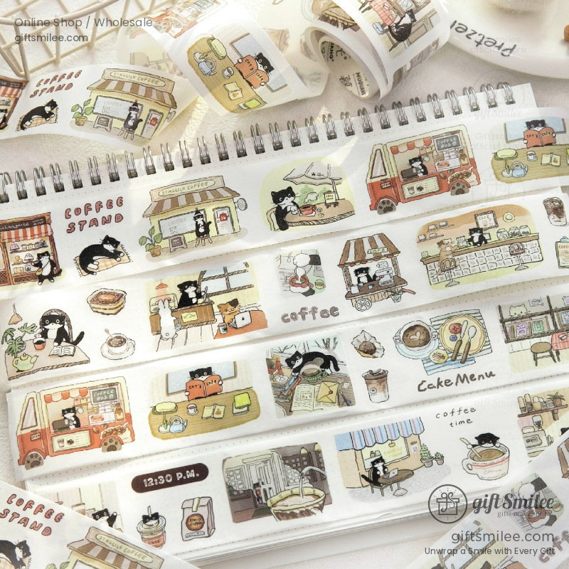 Die-Cut Washi Matte Oil-Ink Cat Cafe Scenes Washi Tape Stickers | KS-RT-1786