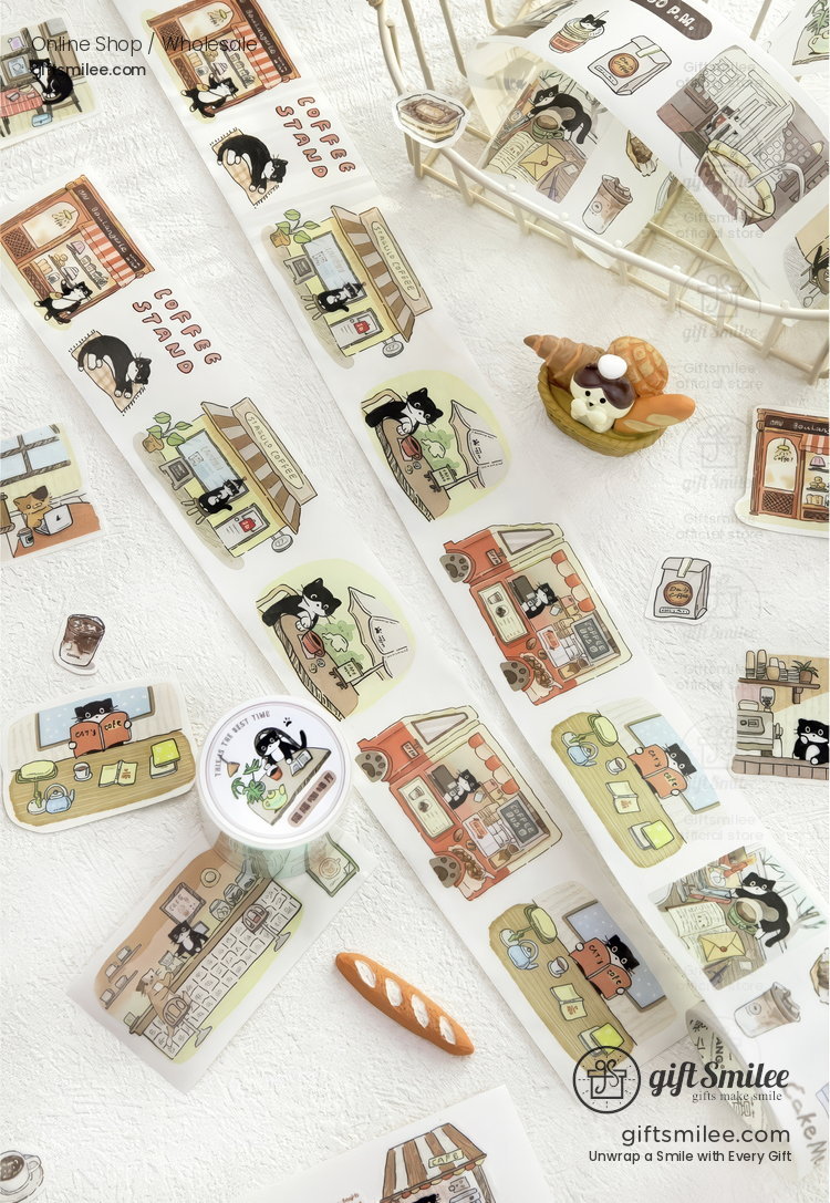 Die-Cut Washi Matte Oil-Ink Cat Cafe Scenes Washi Tape Stickers | KS-RT-1786